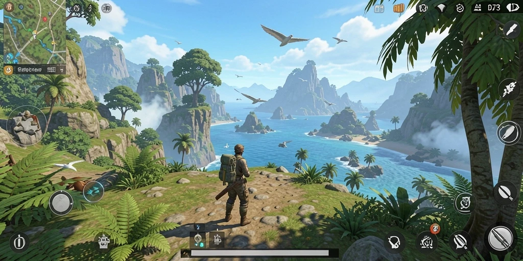 Tangkapan layar gameplay D73 yang menampilkan eksplorasi dunia terbuka.