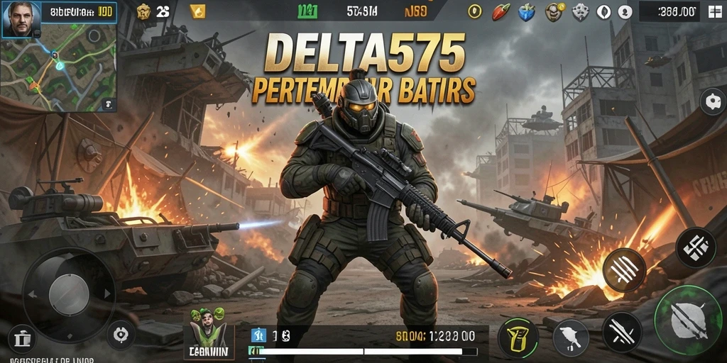 Screenshot gameplay DELTA575, menampilkan aksi pertempuran seru.