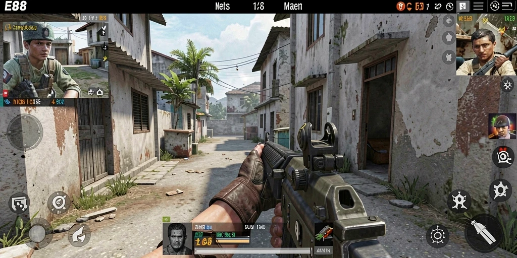Screenshot gameplay E88 menampilkan aksi tembak-menembak yang intens.