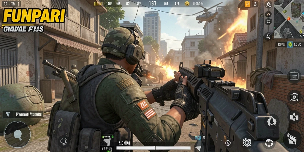 Tampilan gameplay seru dalam pertarungan FPS yang intens.