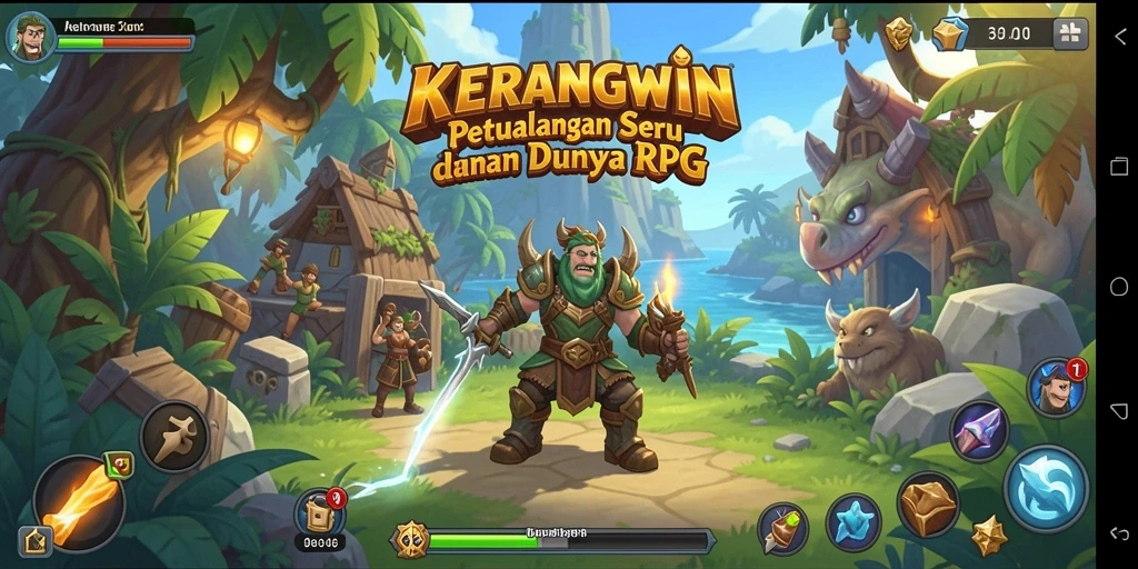 Screenshot utama KERANGWIN menampilkan karakter beraksi dalam pertempuran RPG.