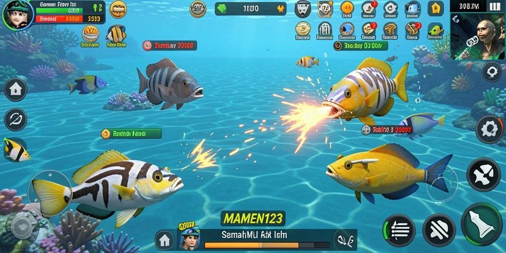 Tampilan gameplay seru MAMEN123 dengan aksi tembak ikan yang mendebarkan.