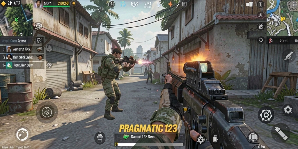 Screenshot gameplay PRAGMATIC123 dengan aksi menegangkan di pertarungan TPS.
