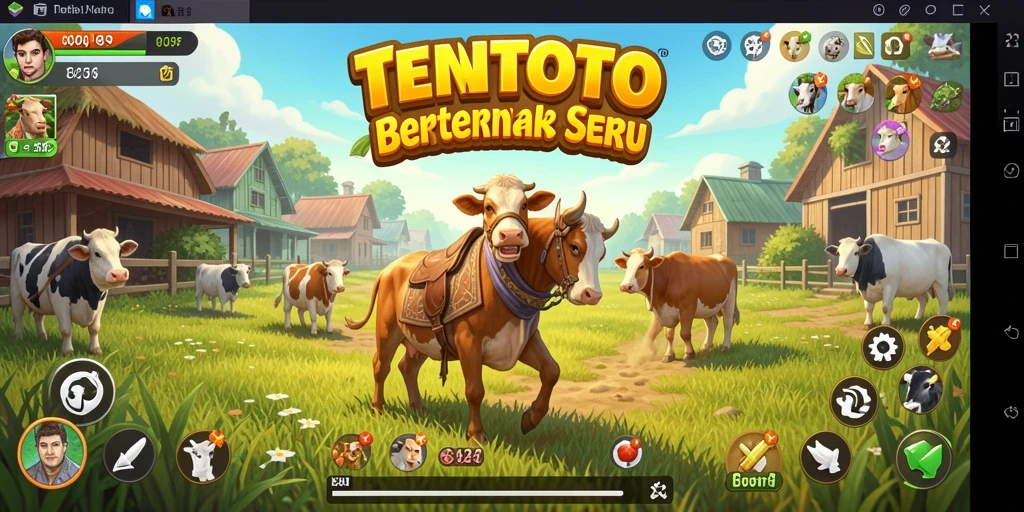 Tangkapan layar gameplay TENTOTO menampilkan kebun yang subur dan hewan ternak yang sehat.